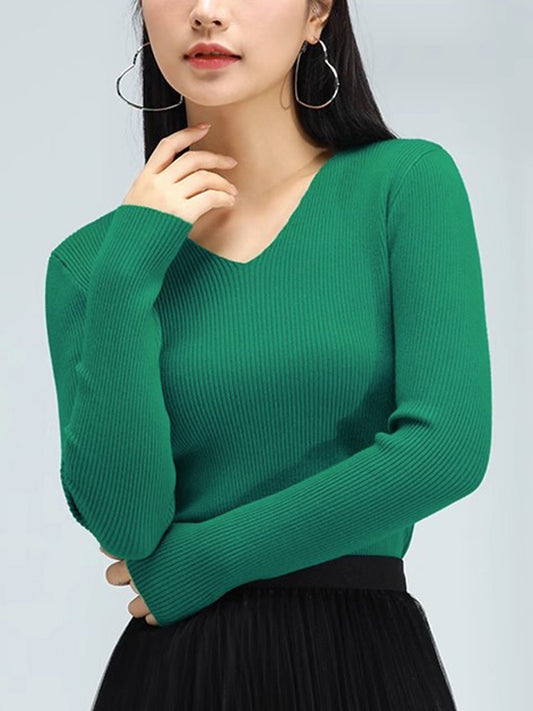 flowersverse Solid Color Long Sleeves Skinny V-neck Sweater Tops Pullovers Knitwear