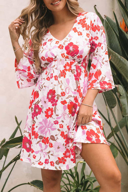 flowersverse Orange V Neck 3/4 Sleeve Floral Dress