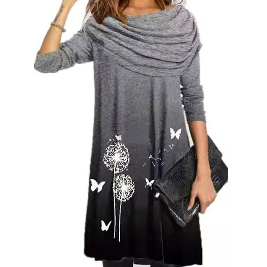 flowersverse Women's Casual Dress Shift Dress Print Dress Floral Butterfly Print Cowl Neck Mini Dress Active Fashion Outdoor Daily Long Sleeve Loose Fit Light Purple Light Blue Gray Fall Spring S M L XL XXL