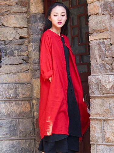 flowersverse Soft Red Ramie Cotton Linen Cover-up Cardigan