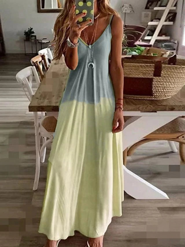 flowersverse Women's Strap Dress Maxi Long Dress Sleeveless Color Gradient Summer Plus Size Hot Blue Yellow Blushing Pink Gray