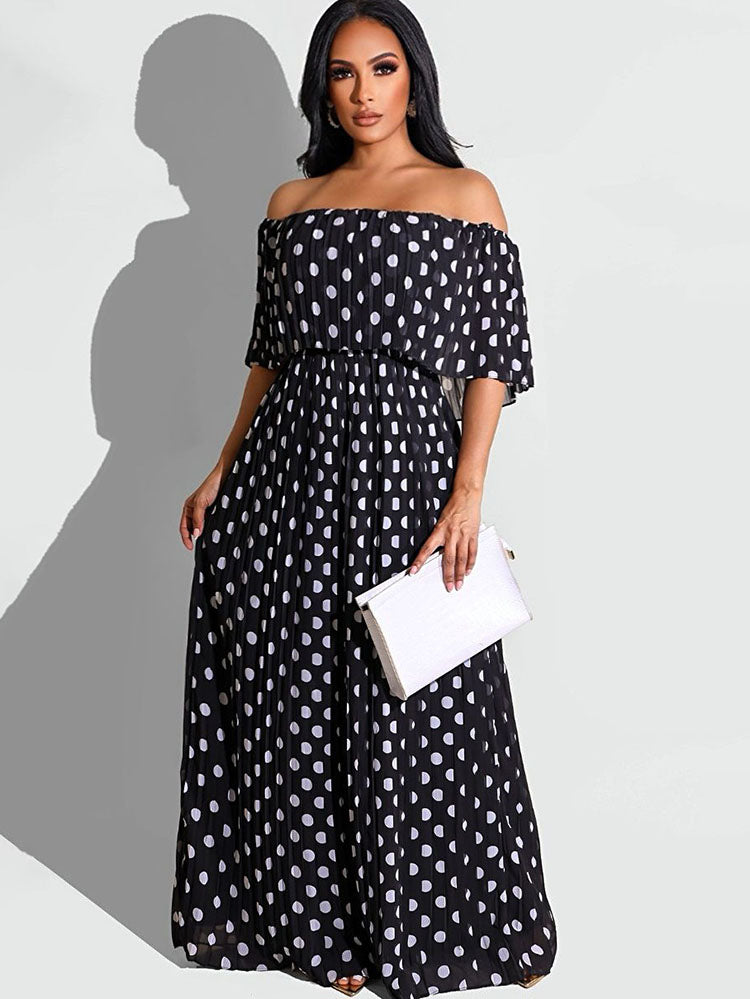 flowersverse Chiffon Off Shoulder Polka Dot Maxi Dresses