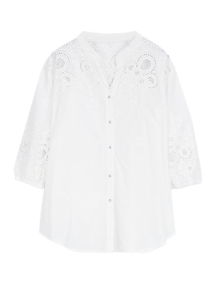 flowersverse Vintage Half Sleeves Hollow Embroidered White Blouse