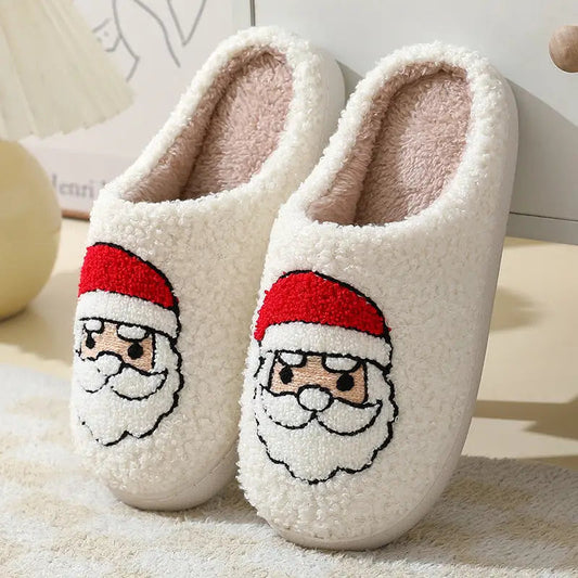 flowersverse Christmas Home Slippers Cute Cartoon Santa Claus Cotton Slippers For Women And Men Couples Winter Warm Furry Shoes