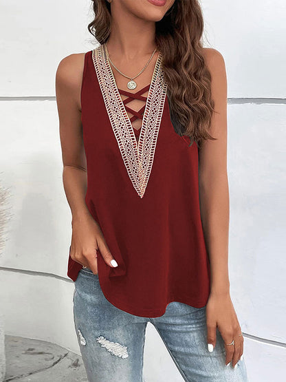 flowersverse Hollow Split-Joint Loose Sleeveless V-Neck Vest Top