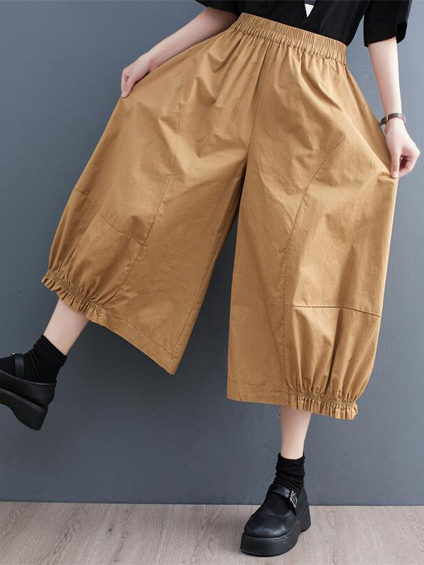 flowersverse Solid Color Split-Joint Ninth Pants Wide Leg Casual Pants Bottoms