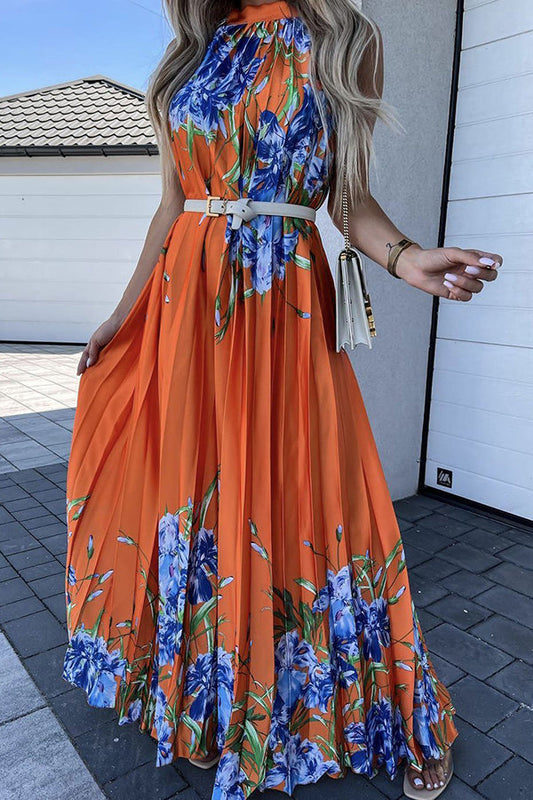 flowersverse Life In Floral Pleated Halter Neck Maxi Dress