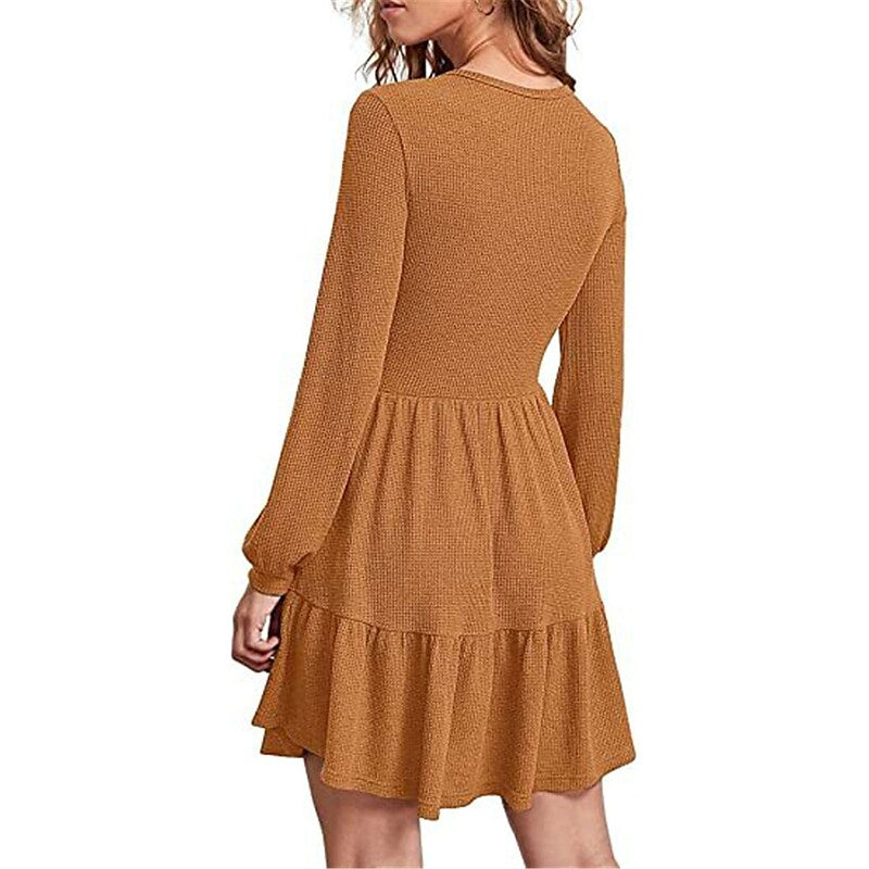 flowersverse Women's Casual Dress Sheath Dress Semi Formal Dress Plain Ruffle Crew Neck Mini Dress Basic Outdoor Daily Long Sleeve Regular Fit Black Red Light Brown Fall Spring S M L XL XXL