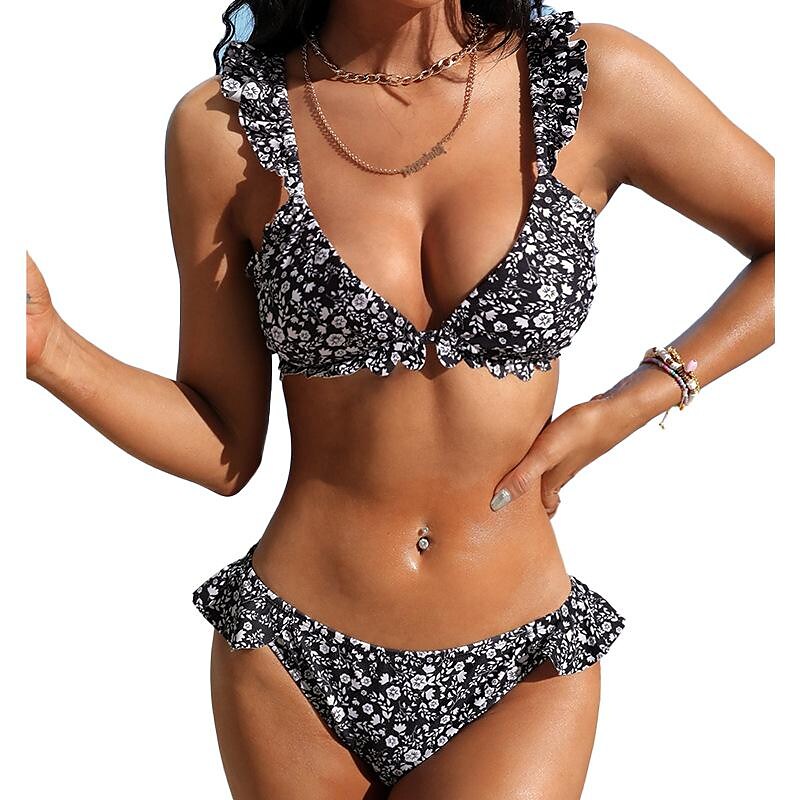 flowersverse Women's Swimwear Bikini Normal Swimsuit Ruffle 2 Piece Floral Black Bathing Suits Sports Summer