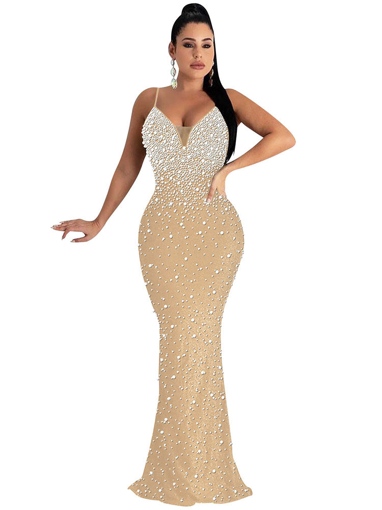 flowersverse Off Shoulder Backless Sequin Spaghetti Strap Bodycon Maxi Dresses