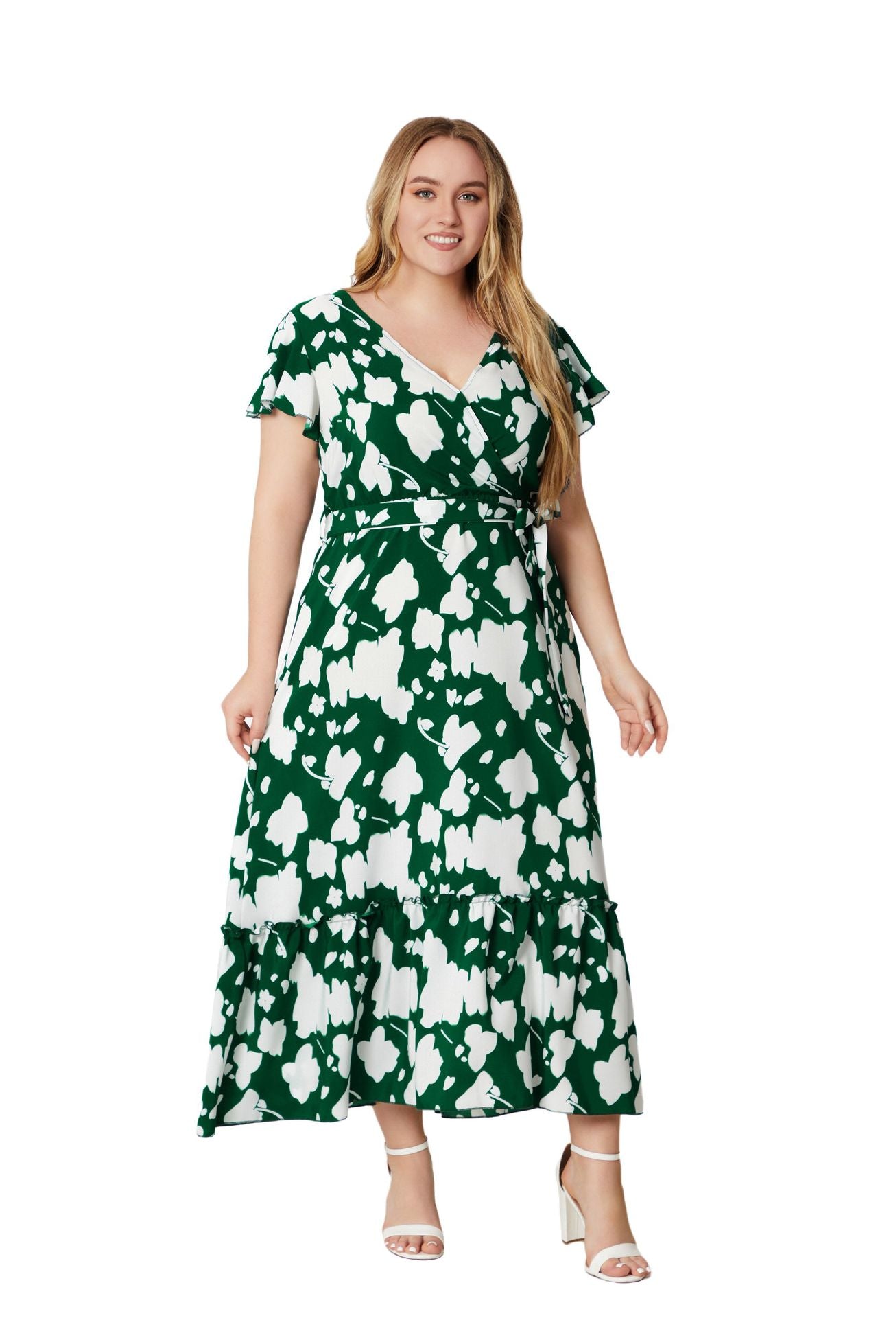 flowersverse Summer Plus Size Women's V-Neck Print Dress