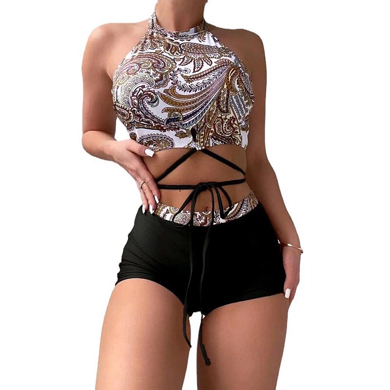 flowersverse Women's Swimwear Bikini Normal Swimsuit 2 Piece Printing Paisley Brown Bathing Suits Sports Beach Wear Summer