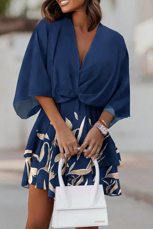 flowersverse Casual Print Patchwork V Neck Dresses(5 Colors)