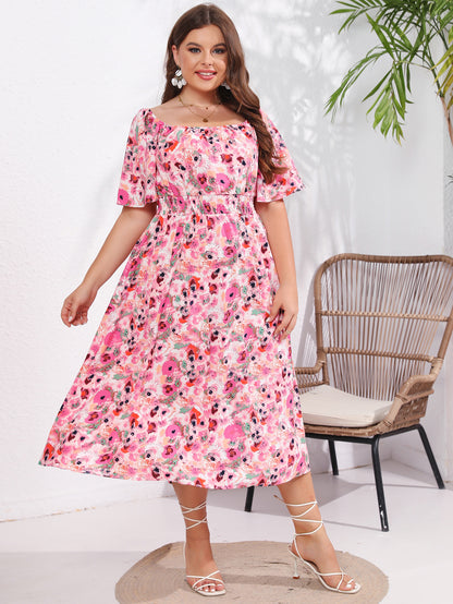 flowersverse Summer Plus Size Women's Square Neck Short Sleeve Casual Trendy Floral Dress