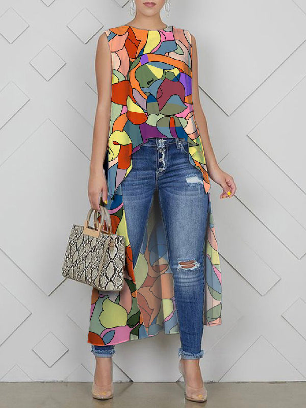 flowersverse High-Low Loose Multi-Colored Round-Neck Vest Top