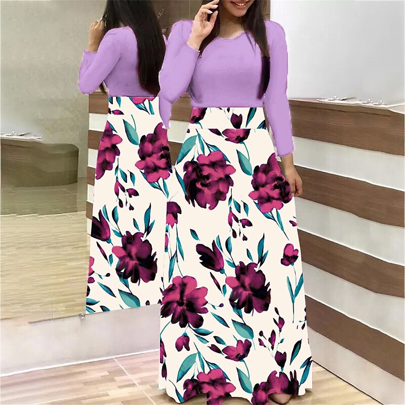 flowersverse Women's Plus Size Holiday Dress Floral Crew Neck Print Long Sleeve Fall Winter Casual Maxi long Dress Daily Dress