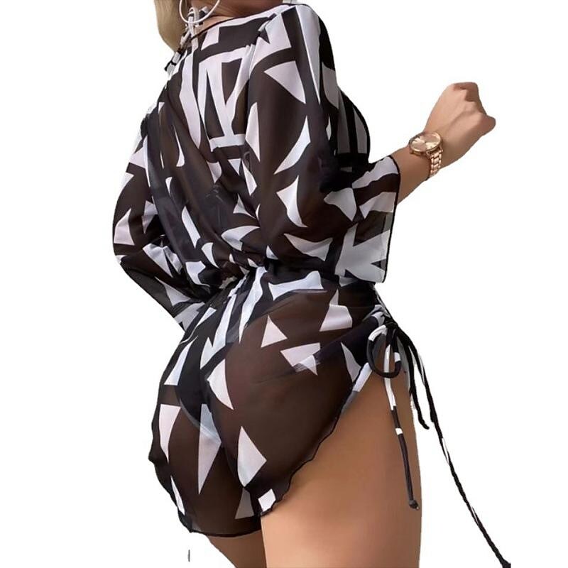 flowersverse Women's Swimwear Bikini Normal Swimsuit 3-Piece Printing Leaf Geometic Black Orange Green Bathing Suits Sports Beach Wear Summer