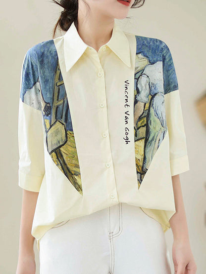 flowersverse Printed Half Sleeves Loose Lapel Blouses&shirts Tops