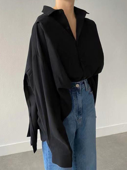 flowersverse Simple Long Sleeves Loose Buttoned Pleated Solid Color Lapel Collar Blouses&Shirts Tops