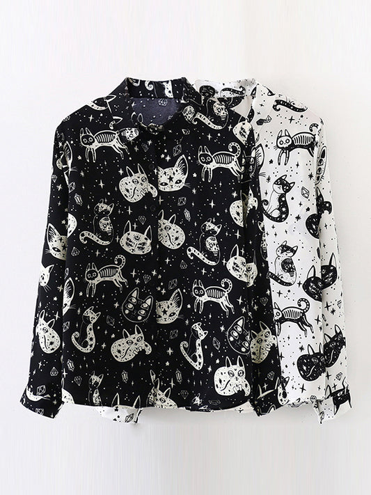 flowersverse Animal Printed Buttoned Long Sleeves Loose Lapel Blouses&Shirts Tops