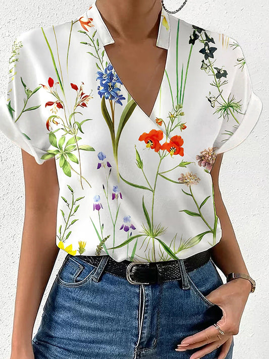 flowersverse Floral Printed Split-Joint Loose Short Sleeves Stand Collar Blouses&Shirts Tops