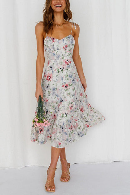 flowersverse Floral Tie Straps Ruffles Midi Dress