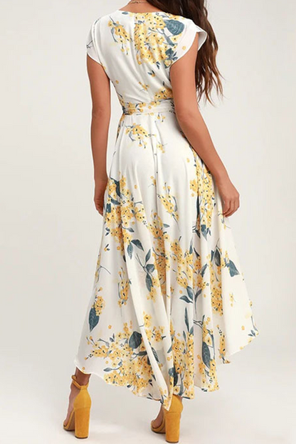 flowersverse Elegant Floral Frenulum With Belt Irregular Dress Dresses