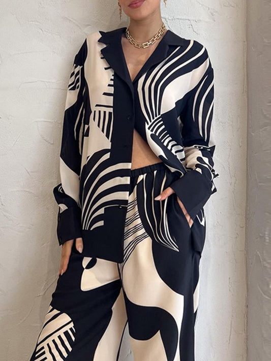 flowersverse Long Sleeves Loose Contrast Color Pockets Printed Blouses&Pants Suits