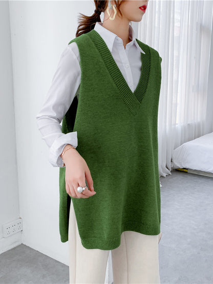 flowersverse Trendy Sleeveless Split-Side Solid Color V-Neck Knitted Vest