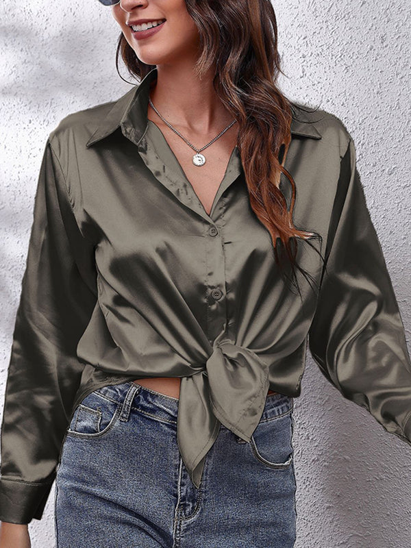 flowersverse Solid Color Long Sleeves Loose Lapel Blouses&Shirts Tops