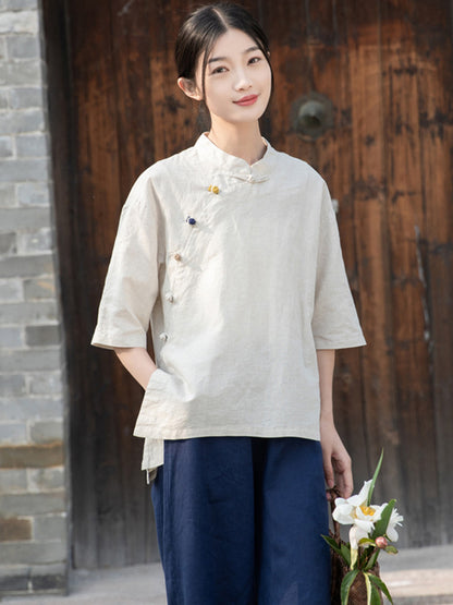 flowersverse Artistic Retro Loose Half Sleeves Buttoned Contrast Color Stand Collar Blouses&Shirts Tops