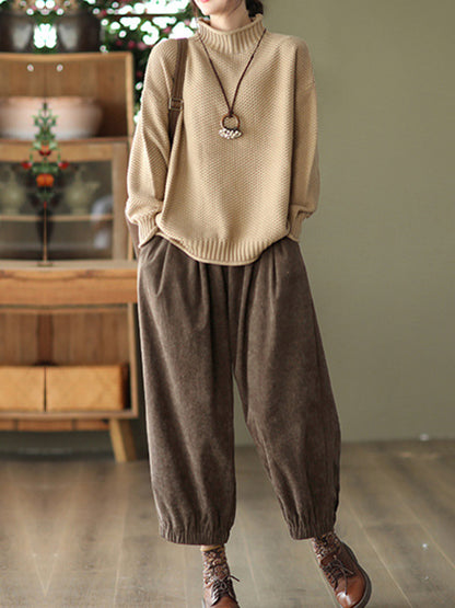 flowersverse Vintage Long Sleeves Loose Solid Color High-Neck Sweater Tops