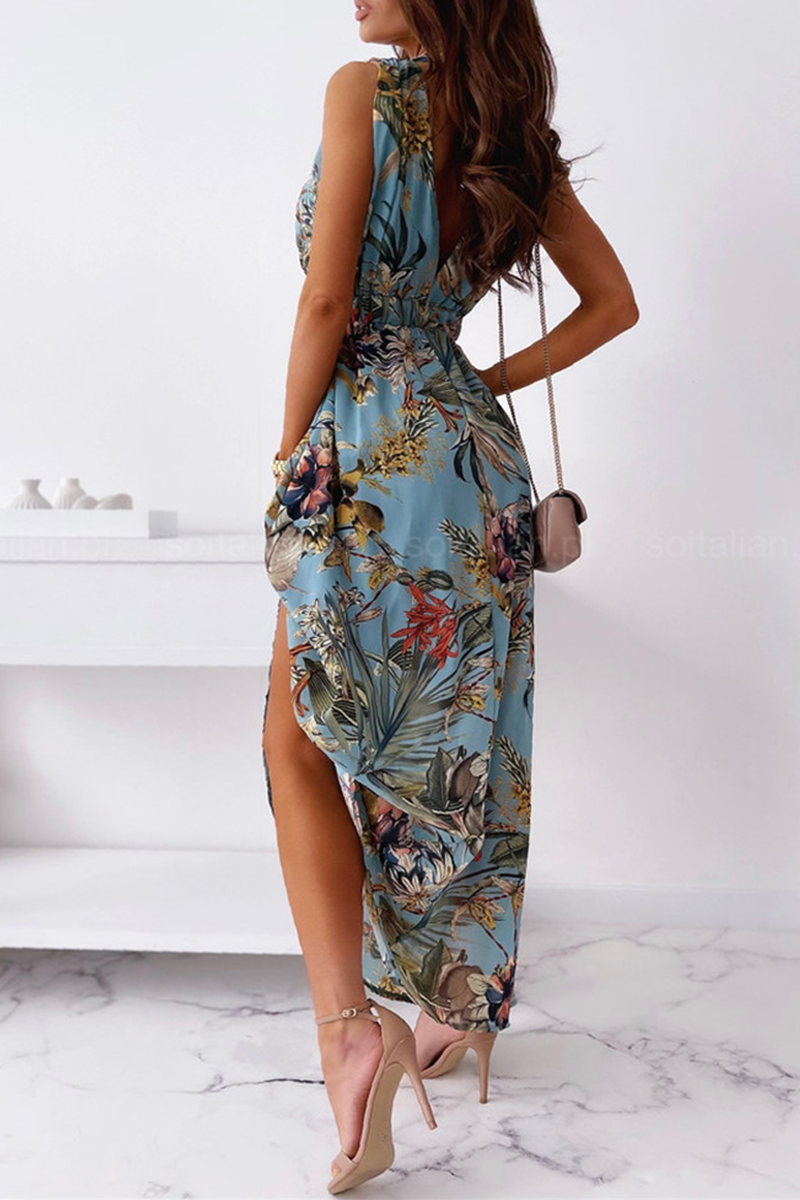 flowersverse Fashion Elegant Floral Split Joint V Neck A Line Dresses