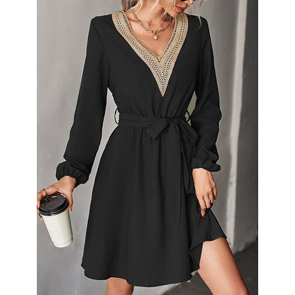 flowersverse Women's Work Dress Black Dress Semi Formal Dress Fashion Mini Dress Lace V Neck Long Sleeve Color Block Loose Fit Black Dark Green Fall Spring S M L XL