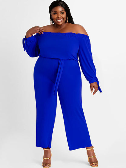 flowersverse Plus Size Off Shoulder Long Sleeve Long Pants Jumpsuits