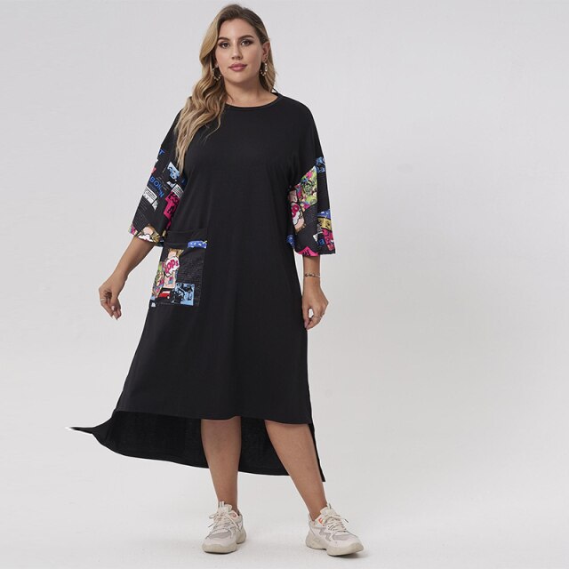 flowersverse New Summer Dress Women Plus Size Black Printing Splicing O-neck Half Sleeve Loose Casual College Style Dresses With Pocket