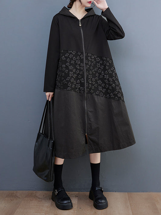 flowersverse Casual Loose Long Sleeves Velvet Floral Printed Zipper Hooded Outerwear