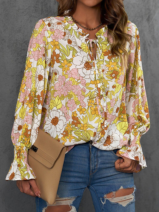 flowersverse Buttoned Elasticity Flower Print Hollow Tied Flared Sleeves Long Sleeves V-Neck Blouses&Shirts Tops