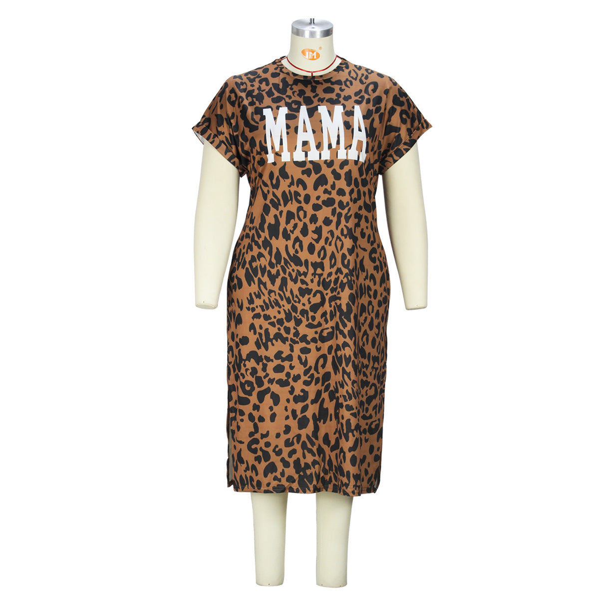 flowersverse Plus Size Women Leopard Print Round Neck Slit Dress