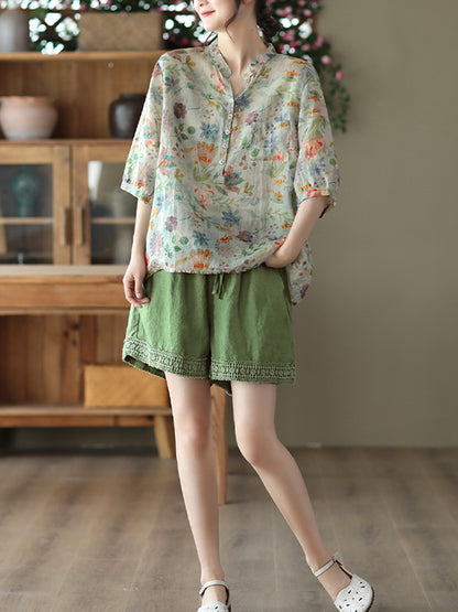 flowersverse Vintage Loose Buttoned Floral Printed Stand Collar Blouses&Shirts Tops