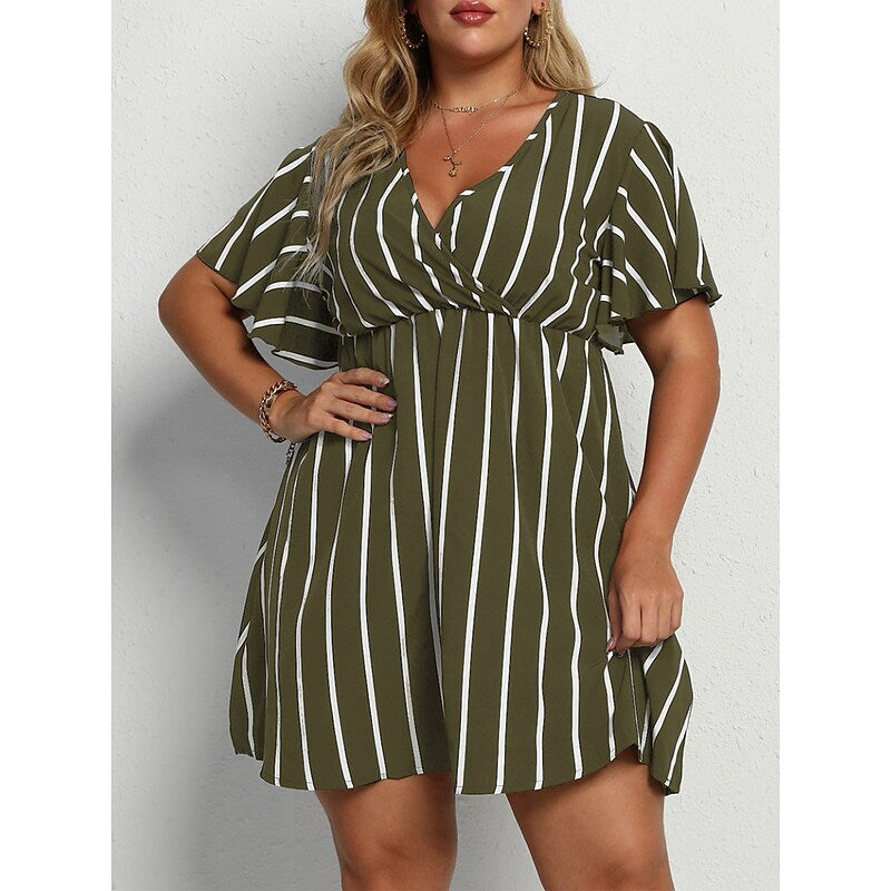 flowersverse Women's Plus Size Casual Dress A Line Dress Stripe Mini Dress Short Sleeve Print V Neck Fashion Outdoor ArmyGreen Black Spring Summer L XL XXL 3XL 4XL