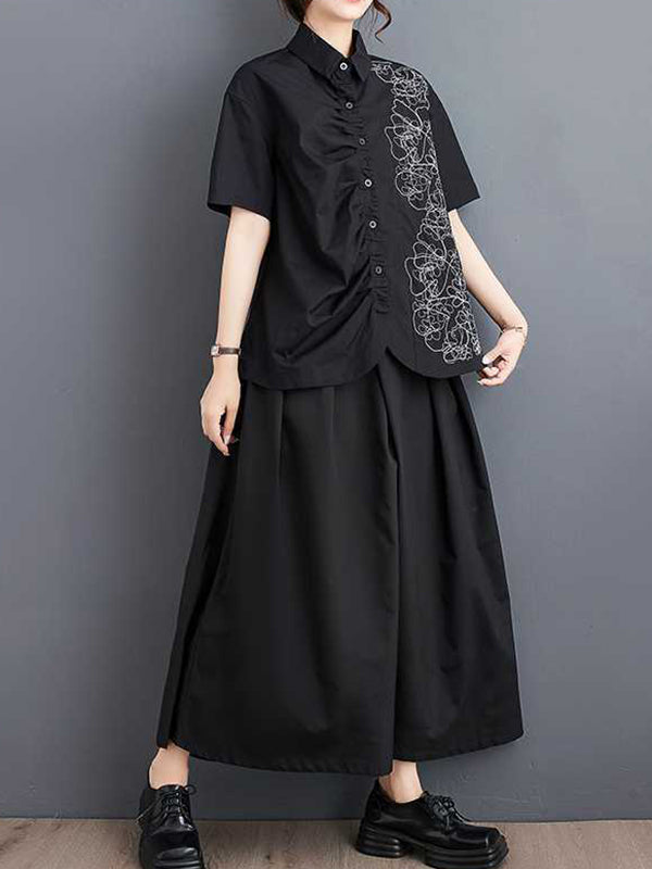 flowersverse Buttoned Embroidered Pleated Irregularity Loose Lapel Collar Blouses&Shirts Tops