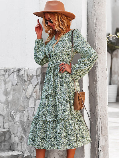 flowersverse Autumn Winter Sexy V Neck Print Dress Women Casual Full Sleeve Bandage Medium Long Floral Dresses High Wasit