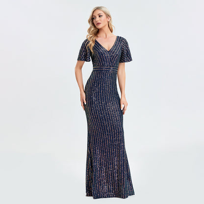 flowersverse Short Sleeve Ruffle Elastic Maxi Dress Shiny Sequins Double V Neck Women's Floor-Member Mermaid Evening Gown