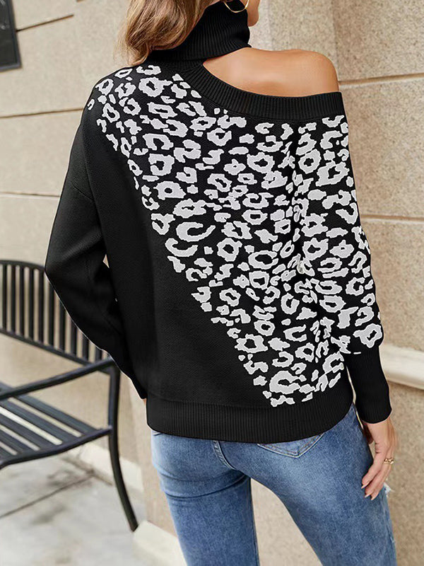 flowersverse Hollow Leopard Long Sleeves Loose High Neck Sweater Tops Pullovers Knitwear