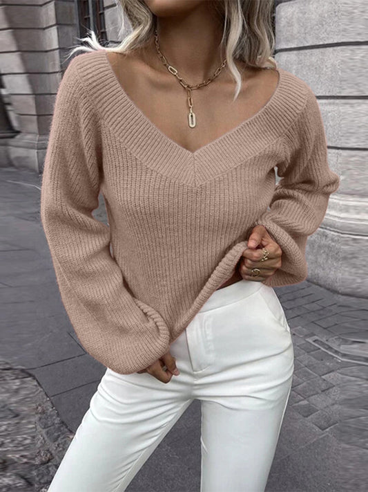 flowersverse Casual Long Sleeves Loose Solid Color V-Neck Sweater Tops