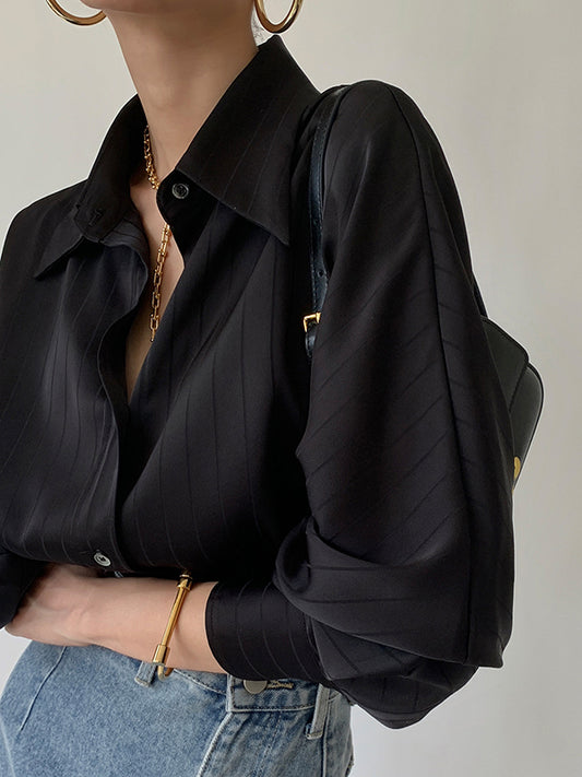 flowersverse Solid Color Striped Long Sleeves Loose Lapel Blouses&shirts Tops