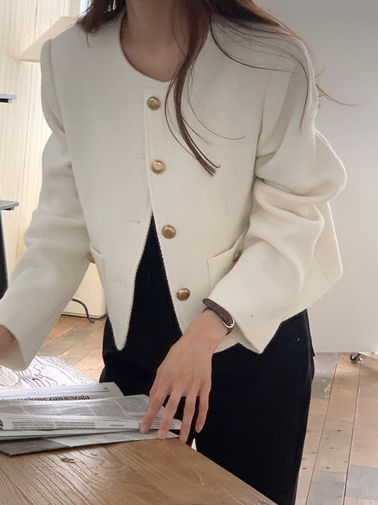 flowersverse Buttoned Pockets Long Sleeves Loose Round-Neck Outerwear