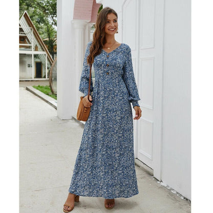 flowersverse Women Ladies Long Lantern Sleeve Autumn Dress Floral Autumn Pre-fall Holiday Buttons Maxi Dress