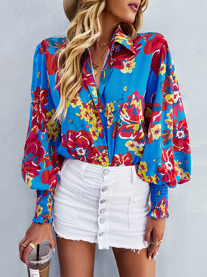 flowersverse Buttoned Elasticity Flower Print Long Sleeves Loose Lapel Blouses&Shirts Tops